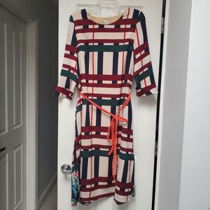 Like New Condition Geometric Bright Color Striped Midi Dress with Belt - Size 6